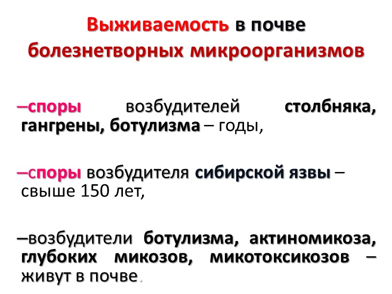 Выживаемость в почве болезнетворных микроорганизмов  споры возбудителей столбняка, гангрены, ботулизма – годы, 